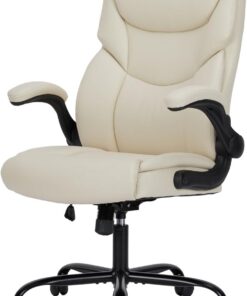 NEWBULIG Silla de Oficina ergonómica de Piel sintética con reposabrazos abatibles, Respaldo Alto, Silla de Oficina de Altura Ajustable, Silla ergonómica de Trabajo giratoria, Color Blanco