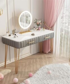 Genérico Tocador con Espejo abatible y Taburete con Ruedas, Luces LED integradas, Juego de tocador Gris con Espejo, 2 cajones Grandes para Mujeres y niñas, Dormitorio, hogar y Oficina.