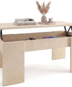 duehome | Mesa de Centro Elevable, Mesita de Salón o Comedor, Modelo Vita, Acabado en Color Microcemento Beige, Medidas: 100 cm (Largo) x 50 cm (Ancho) x 45-53 cm (Alto)