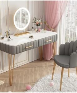 Genérico Tocador con Espejo abatible y Taburete con Ruedas, Luces LED integradas, tocador de Maquillaje Gris Moderno para niñas/Mujeres con Espejo Redondo, 3 configuraciones de luz, 2 cajones
