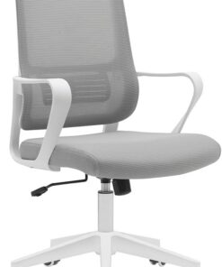 BAKAJI Silla de escritorio ergonómica con ruedas giratorias antiarañazos, respaldo de tela transpirable y soporte lumbar, sillón de estudio u oficina, ajuste de altura de gas 98-108 cm (gris y blanco)