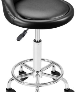 BAKAJI Taburete con Ruedas, Asiento Acolchado y Respaldo bajo de Piel sintética, Base con reposapiés de Acero Giratorio 360°, Altura Regulable, Ideal para esteticistas, Bares, cocinas, restaurantes