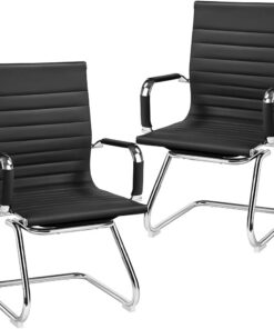 Yaheetech 2 Sillas de Oficina Silla de Recepción Ergonómicas en Negro | Tapizado en Polipiel, Diseño Moderno, Reposabrazos Integrados, Base Metálica, para Oficina, Sala de Espera y Reuniones