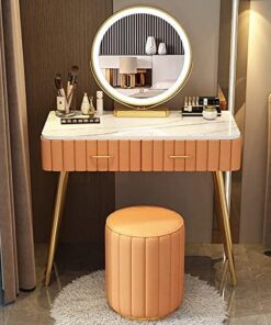 Genérico Tocador con Espejo abatible y Taburete con Ruedas, Luces LED integradas, Juego de tocador con Espejo LED de 3 Colores, Taburete Acolchado y Compartimento de Almacenamiento, Madera Maciza