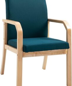 Silla de comedor tapizada moderna de mediados de siglo con brazos de tela, silla auxiliar de cocina para sala de estar, comedor, ocio, sillón con patas de madera, color azul oscuro