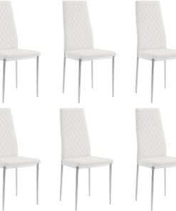 Home Detail Sierra - Juego de 6 sillas de comedor, piel sintética blanca, patas plateadas | Para cocinas, patas de metal cromado o negro