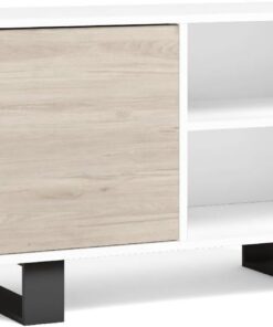 Skraut Home | Mueble TV 100 con puerta izquierda| sala de estar/comedor| modelo Wind| color estructura blanca| color puerta roble| medidas 95x40x57cm de altura.