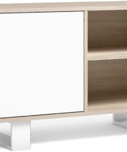 Skraut Home | Mueble TV 100 con puerta izquierda| sala de estar/comedor| modelo viento| color estructura roble| color puerta blanca| medidas 95x40x57cm altura.
