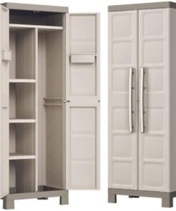 Keter Armario Excellence Escobero|Armario Escobero de almacenaje|Resina|2 Puertas y 4 baldas, 3 Regulables en Altura y 1 Fija|Color Arena/Gris|182 x 65 x 45 cm