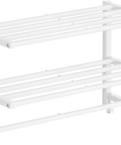 Toallero de Pared de 3 Niveles con Ganchos, Estante Metálico de Baño, para Toallas y Objetos de Aseo, 60,5 x 21,5 x 38,5 cm, Blanco EWT08LB01