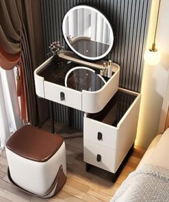 Genérico Tocador con Espejo abatible y Taburete con Ruedas, Luces LED integradas, tocador Blanco con Espejo y cajones, Escritorio de Maquillaje de Madera con Espejo de Brillo Ajustable.