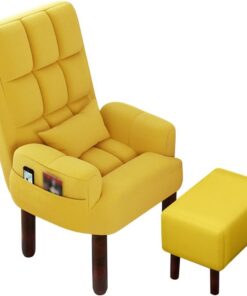 Cómodo sillón ergonómico con patas de madera, silla de oficina de lino y algodón transpirable, sillón reclinable amarillo con respaldo, perfecto para uso doméstico y tareas