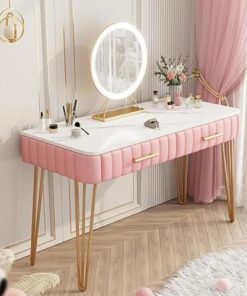 Genérico Tocador con Espejo abatible y Taburete con Ruedas, Luces LED integradas, tocador de Maquillaje LED con Brillo Ajustable, Espejo Grande, 2 cajones, 3 Opciones de Color
