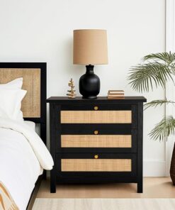 Hallowood Furniture Newquay - Cómoda negra con 3 cajones de madera y parte delantera de ratán, cómoda pequeña con cajones, mesita de noche, unidad de almacenamiento para pasillo y dormitorio, armarios