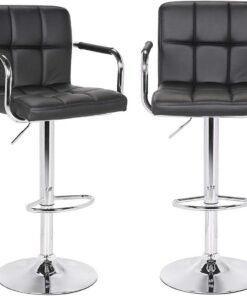 BAKAJI Juego de 2 taburetes de Bar, Cocina, Asiento y Respaldo de Piel sintética, Base de Metal Cromado con reposapiés y reposabrazos, diseño Moderno Giratorio, Altura Regulable (Negro)