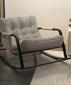 Patio Outdoor Rocking Chair, Rocking Chair with Padded Cushion, Oversize Indoor Reading Chair, Modern Lounge Chair, Comfy Rocking Loveseat Chair for Patio, Porch, Living Room(Off-white houndstooth)