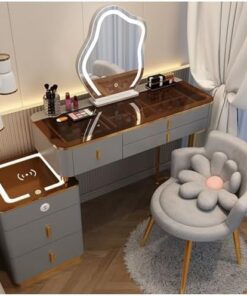 Genérico Tocador con Espejo abatible y Taburete con Ruedas, Luces LED integradas, B, 80 cm, Mesa de Maquillaje, tocador con estación de Carga inalámbrica y Altavoz Bluetooth, Vanit