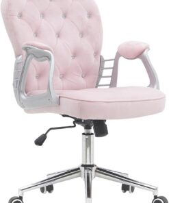 BAKAJI Silla de Oficina de Terciopelo con Relleno Extra Suave y Textura Shabby Chic, sillón de Escritorio Decorativo Estudio ergonómico con Ajuste de Altura a Gas 95-105 cm (Rosa)