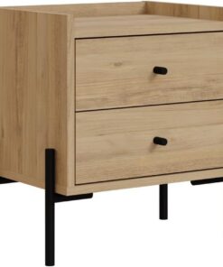 Mesita de Noche Moderna con 2 cajones, Roble Zafiro, 44,9 x 52 x 35 cm, 100% melamina, Patas de Metal, diseño escandinavo