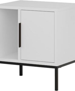 Mesita de Noche Moderna Blanca de 45 x 50 x 35 cm | 100% Tablero de partículas con Revestimiento de melamina y Patas de Metal | Montaje en Pared, Elegante y Funcional