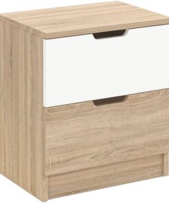Elegante mesita de Noche Sonomo Roble y Blanco, 45 x 50 x 33 cm, Tablero de partículas 100% melamina, 18 mm de Grosor, diseño Moderno