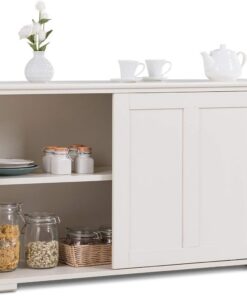 FANTASK 107 x 33 x 60 cm Aparador, Armario Auxiliar, Armario de Cocina con Puertas correderas en Color Blanco Crema, Estante Ajustable en Altura