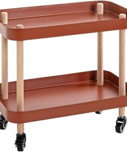 HAKU Mesa Auxiliar con Ruedas Madera Maciza Natural y Metal, Rojo Coral; Mesa de Centro con Ruedas, Mesa de sofá - Dimensiones: An 50 x Al 47 x Pr 30 cm; Estilo: Moderno