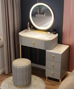 Genérico Tocador con Espejo abatible y Taburete con Ruedas, Luces LED integradas, tocador Moderno con Espejo, Luces y 4 cajones de Almacenamiento, Taburete Acolchado Incluido.