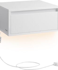 VASAGLE Kailyn Colección - Mesita de Noche Colgante, Luz con 3 Pantallas, Estante de Pared con Cajón, 35 x 40 x 18 cm, Estilo Moderno, Sala de Estar, Dormitorio, Blanco Nube LET654W01