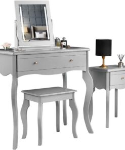 CARME Sorrento - Tocador y Mesa Auxiliar Gris con cajón, manijas de Oro Rosa, Espejo con Luces LED, Juego de Cuatro Piezas Muebles de Maquillaje para Dormitorio