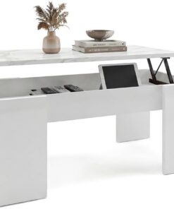 duehome | Mesa de Centro Elevable, Mesita de Salón o Comedor, Modelo Vita, Acabado en Color Blanco Artik y Efecto Mármol Blanco, Medidas: 100 cm (Largo) x 50 cm (Ancho) x 45-53 cm (Alto)