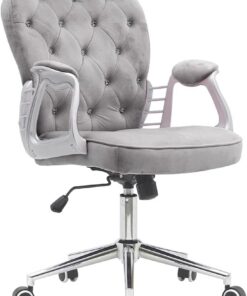 BAKAJI Silla de Oficina de Terciopelo con Relleno Extra Suave y Textura Shabby Chic, sillón de Escritorio Decorativo Estudio ergonómico con Ajuste de Altura a Gas 95-105 cm (Gris)