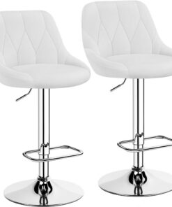 Yaheetech Juego de 2 Taburetes de Bar de Altura Ajustable con Respaldo | Taburetes Altos Cocina Regulable en 86-107,5 cm, Sillas de Bar Asiento Giratorio Reposapiés Estructura de Metal Blanco