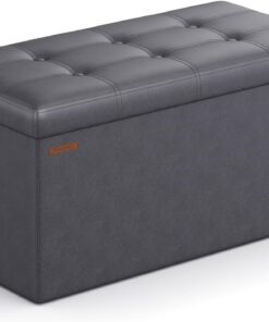 SONGMICS Puff Almacenaje Plegable de 76 cm, Banco de Almacenamiento, Reposapiés, Mesa de Centro, Asiento Acolchado, Piel Sintética, Soporta hasta 300 kg, Gris Oscuro LSF040G01