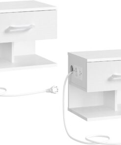 HOOBRO Mesilla de Noche Suspendida, Juego de 2 Mesas, Mesilla sobre Pared con Base de Carga y Cajón, Moderna Mesita Auxiliar, 1 Enchufe Estándar y 2 Puertos USB, Blanco EWT127CBZP201