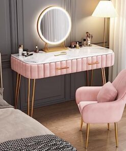 Genérico Tocador con Espejo abatible y Taburete con Ruedas, Luces LED integradas, tocador de Madera Maciza con Moderna Cubierta de mármol sinterizado, Pantalla táctil extraíble, Espejo HD.