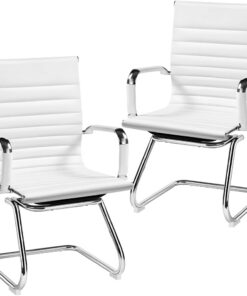 Yaheetech 2 Sillas de Oficina Silla de Recepción Ergonómicas en Blanco | Tapizado en Polipiel, Diseño Moderno, Reposabrazos Integrados, Base Metálica, para Oficina, Sala de Espera y Reuniones