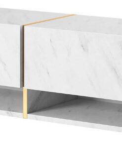 Selsey Mueble De TV Suspendido con 2 Puertas 2 Cajones Mesa De TV para Salón Dormitorio 140 cm Mármol Blanco con Inserción Dorada Mirrgo