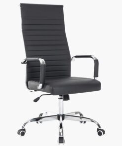 BAKAJI Silla de Oficina de Piel ergonómica con Respaldo Alto y Soporte Lumbar, sillón de Escritorio Giratorio con Altura Ajustable a Gas y Ruedas giratorias a 360°, Base de 64,5 cm cromada (Negro)