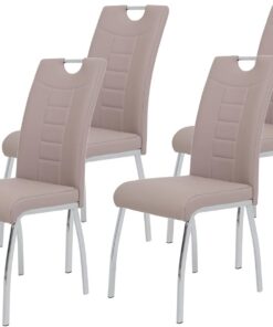 Hela Tische, Andrea Set de 4 Sillas de Comedor con Revestimiento de Piel Sintética Capuchino, Estructura con Tubo Redondo Cromado, 100 X 43 X 64 Cm