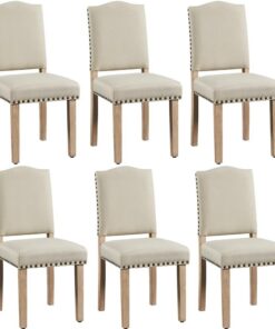 Yaheetech Juego de 6 Sillas de Cocina Tapizada de Tela Pata Madera Beige | Silla de Comedor Respaldo Alto, Silla de Cocina Tapizada de Tela, Diseño Clásico, Asiento Acolchado, para Salón y Cocina