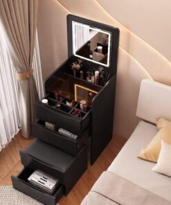 Genérico Tocador con Espejo abatible y Taburete con Ruedas, Luces LED integradas, Moderno Juego de tocador Negro con luz táctil Ajustable de 3 Colores, Taburete abatible.