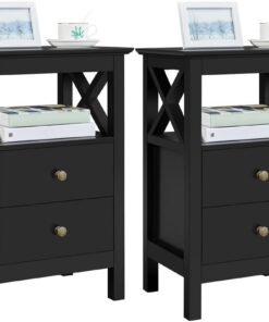 Yaheetech 2pcs Mesilla de Noche con 2 Cajones Mesita de Noche de Modern | Mesa Auxiliar Lateral para Sofá Dormitoriode Madera MDF Negro 40×30×60cm