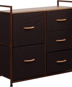 BAKAJI Cómoda de Tela con 5 cajones, Estructura de Metal y Parte Superior de MDF, Mueble versátil y Espacioso, Ideal para Entrada, Dormitorio, salón, 77,5 x 83 x 29 cm (marrón)