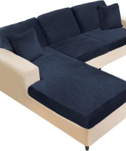 NAISI Fundas para sofá modular, 6 fundas de cojín de terciopelo en forma de L, suaves y elásticas con 2 fundas de almohada para sofá seccional izquierdo/derecho (2 plazas, 1 diván + 3 respaldos, azul