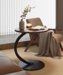 Mesa Auxiliar de Madera, en Forma de C, 40 x 60 cm (Ø x H) | Mesa de Café Redonda, Mesas Auxiliares para Sofá, Salón