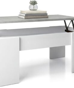 duehome | Mesa de Centro Elevable, Mesita de Salón o Comedor, Modelo Vita, Acabado en Color Blanco Artik y Cemento, Medidas: 100 cm (Largo) x 50 cm (Ancho) x 45-53 cm (Alto)