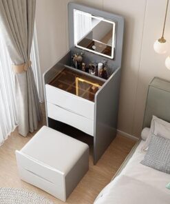 Genérico Tocador con Espejo abatible y Taburete con Ruedas, Luces LED integradas, tocador Moderno con Espejo de luz LED y cajones de Almacenamiento, Mesa de Maquillaje con
