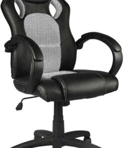 BAKAJI Silla Gaming Racer direccional para Oficina, ergonómica, Estilo Deportivo, Sillón de Escritorio Racing con 4 Ruedas, giratoria hasta 360°, de Piel sintética Negra con Tela (Gris Claro)