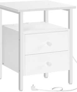 HOOBRO Mesita de Noche, Mesas de Centro con Enchufe y Puerto USB, Mesa Auxiliar con Cajones y Estantes de Almacenamiento, Bianco EWT43CBZ01G2